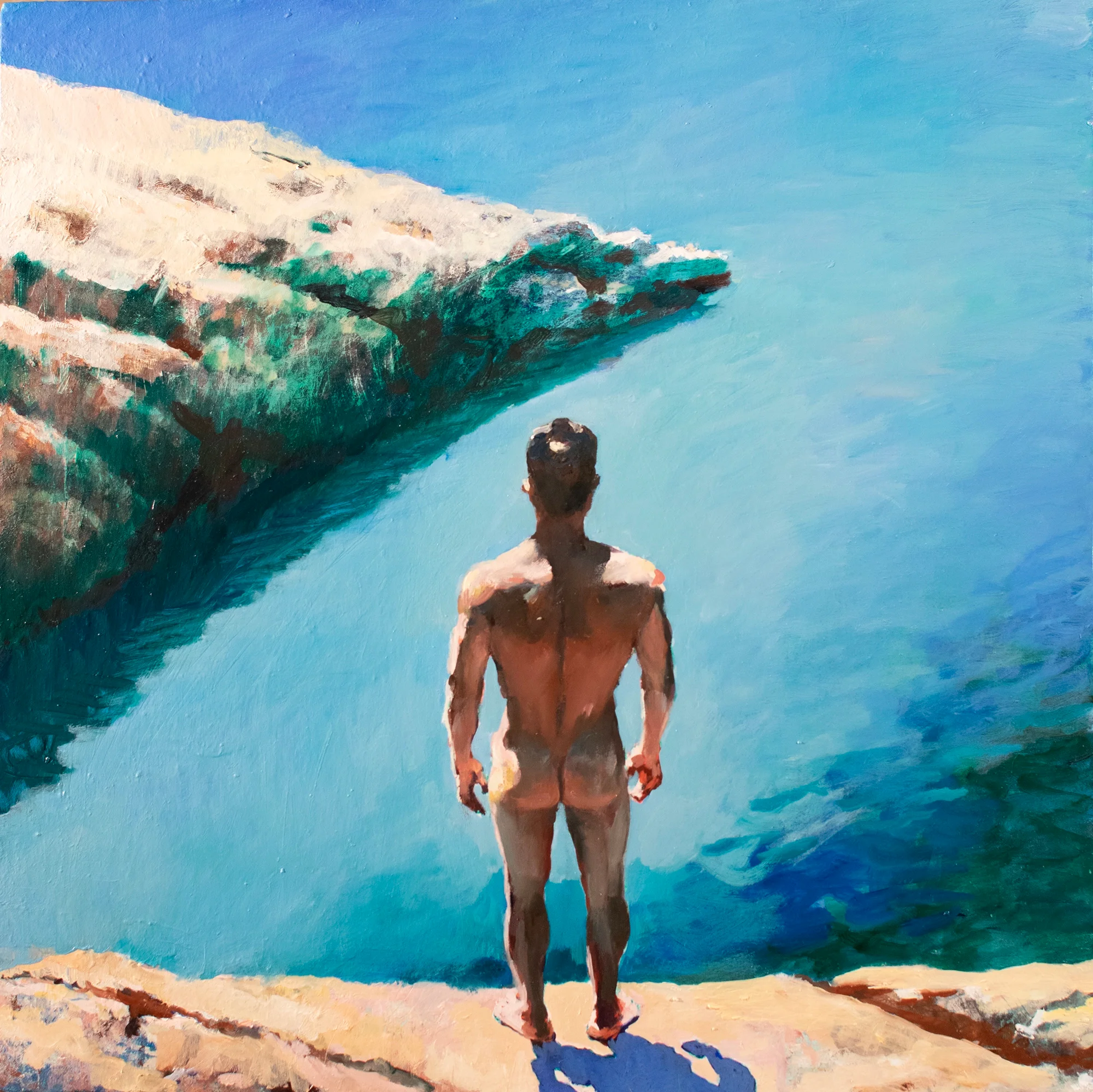 Contemporary oil painting of a nude male diver hesitating on a cliff above a blue sea