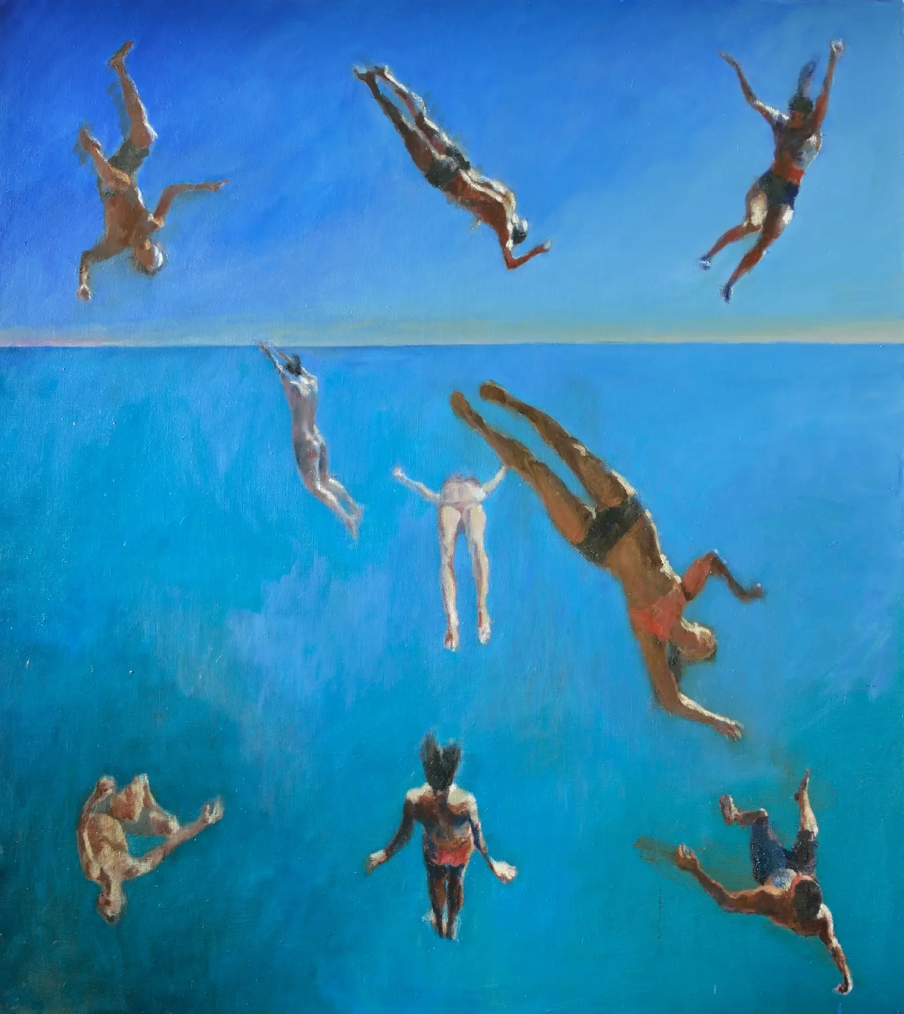 Circus acrobats falling together above the sea in a contemporary oil painting
