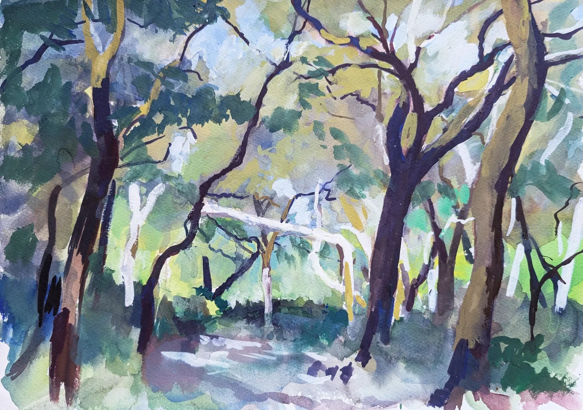 Gouache painting of dark cork oak woods in Sicily