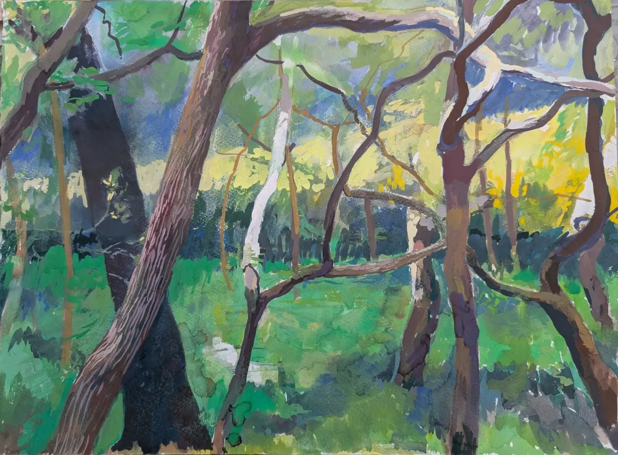 Gouache painting of cork oak woodland with an eerie atmosphere