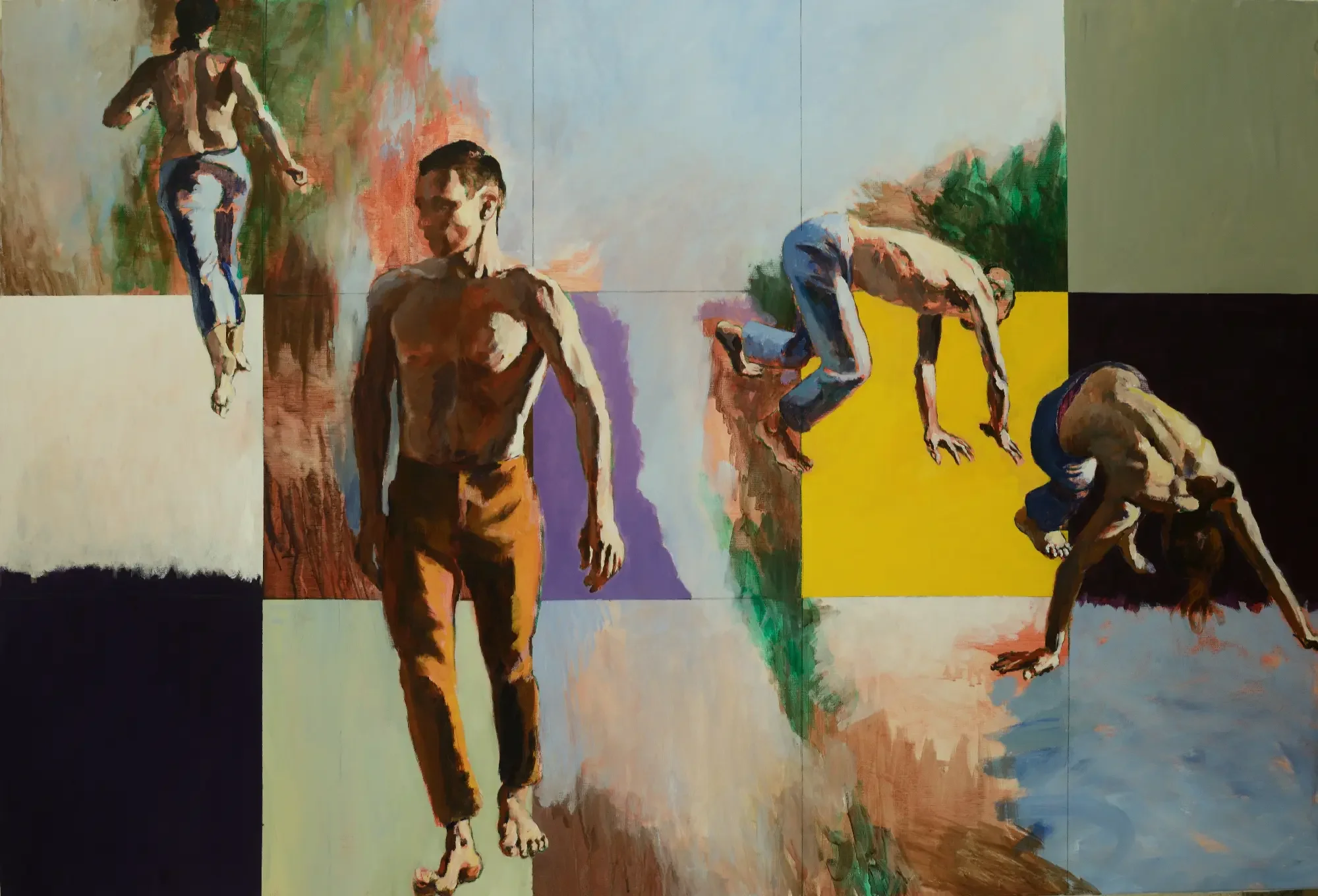 Central male dancer with surrounding falling figures in a large dynamic composition