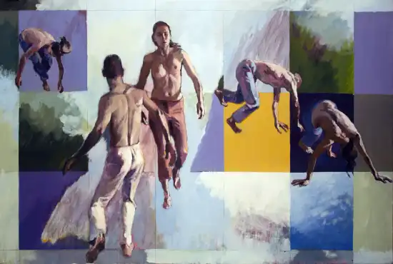 Large painting of dancers confronting each other while figures fall behind