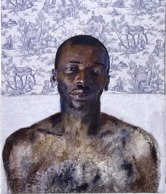 Portrait of Jean-Baptiste painted over toile de Jouy fabric