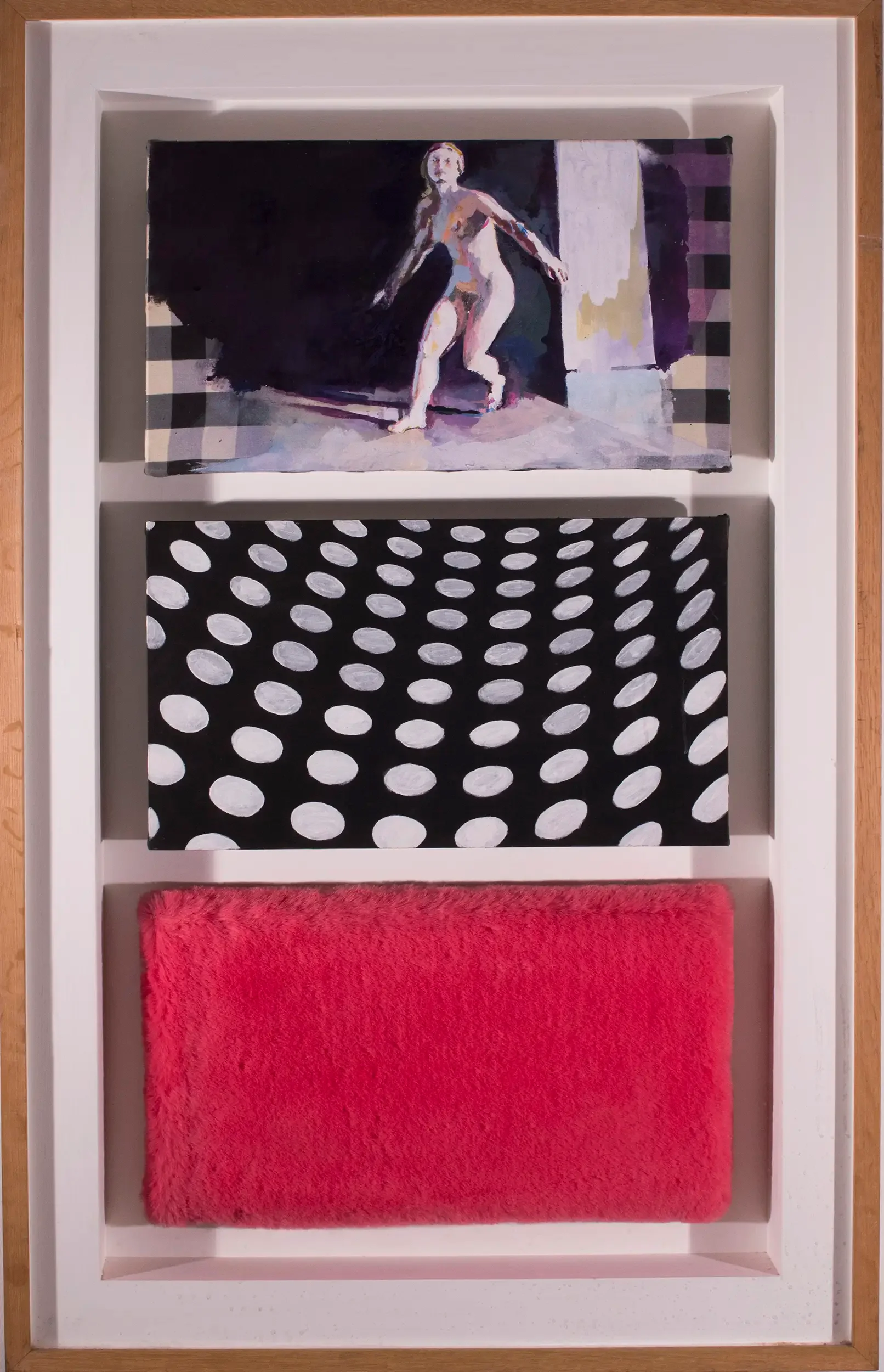 Tall spinning nude figure painted on coarse jute canvas