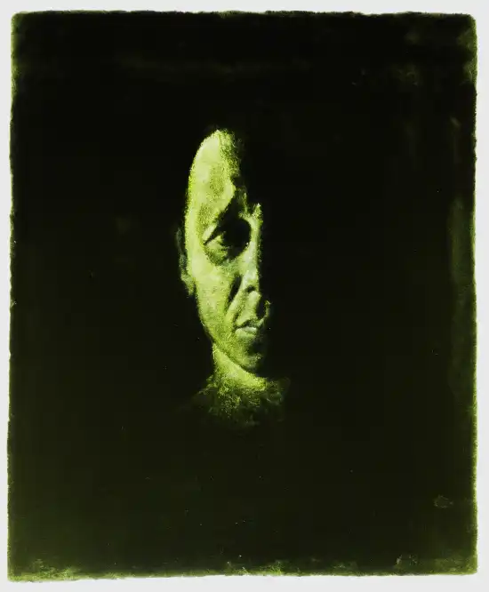 Mixed media portrait of Steve against a textured background