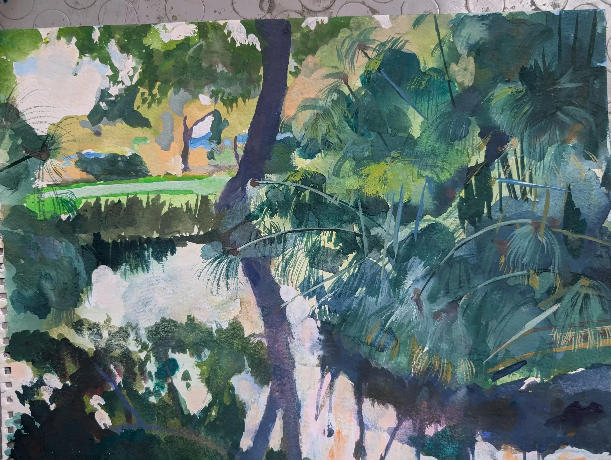 Gouache river scene with papyrus plants on the Ciane