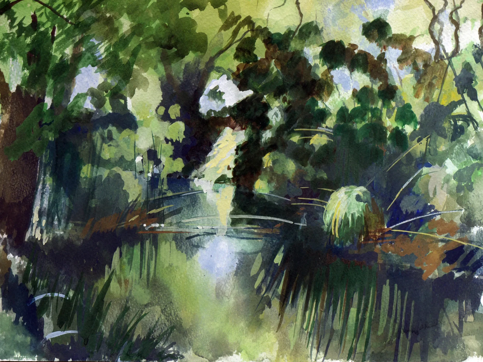 Gouache painting of the River Ciane near Siracusa