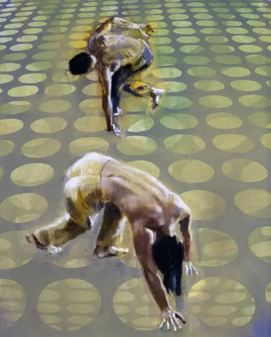 Two dancers falling through a geometric space in a gravity study
