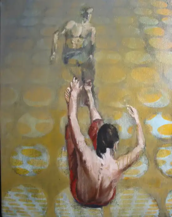 Two dancers moving against a geometric abstract background