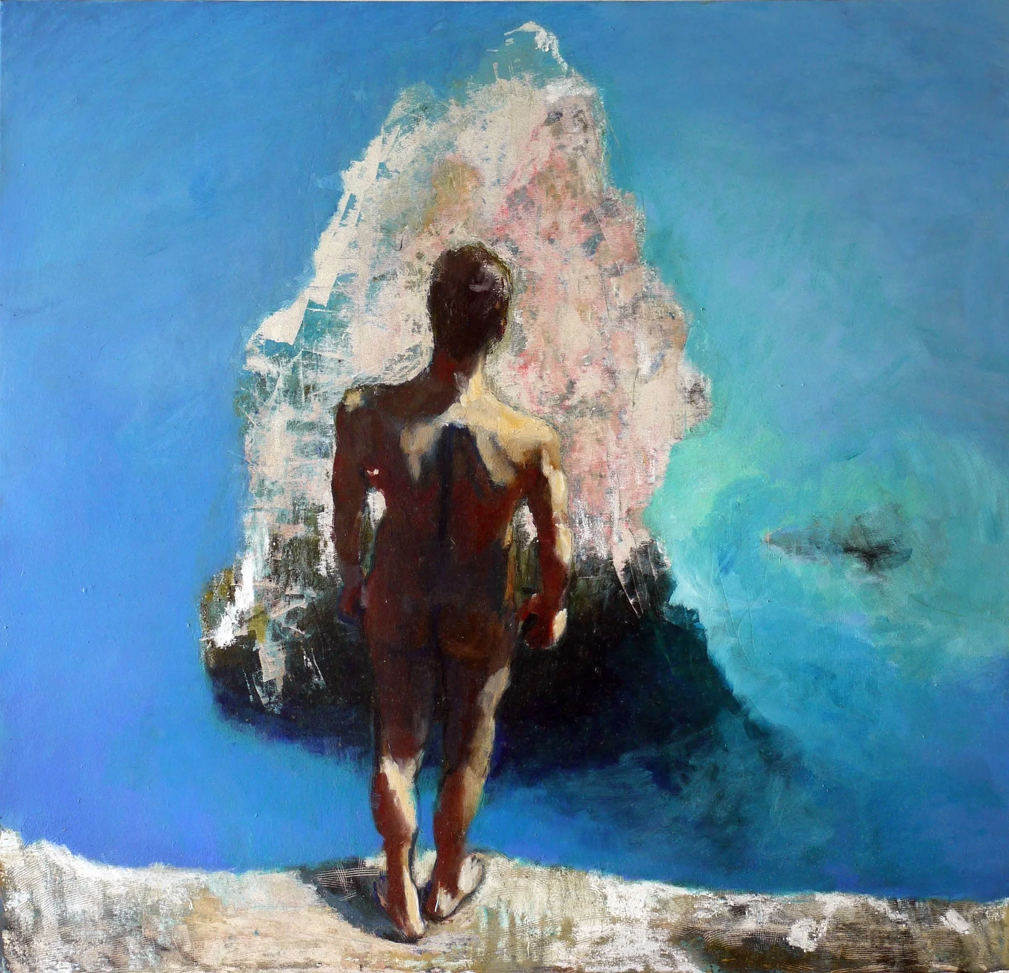 Nude male figure standing on a cliff facing an abstract seastack