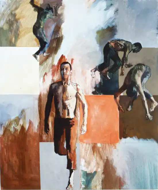 Four dancers falling through a coloured grid in a large dance composition.