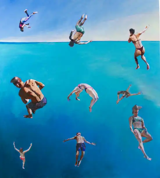 nine acrobatic figures falling across the horizon