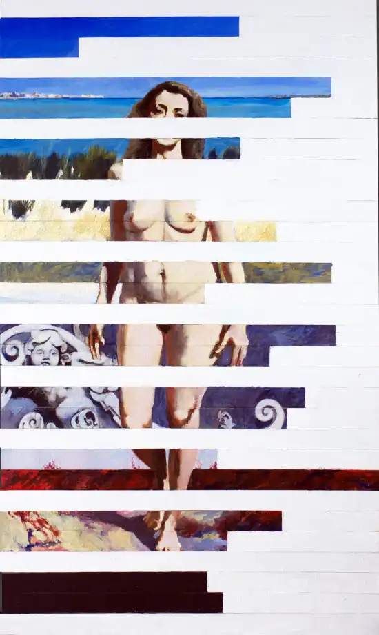 Female nude composition on fragmented wood inspired by Sylvia Plath and Sicilian architecture