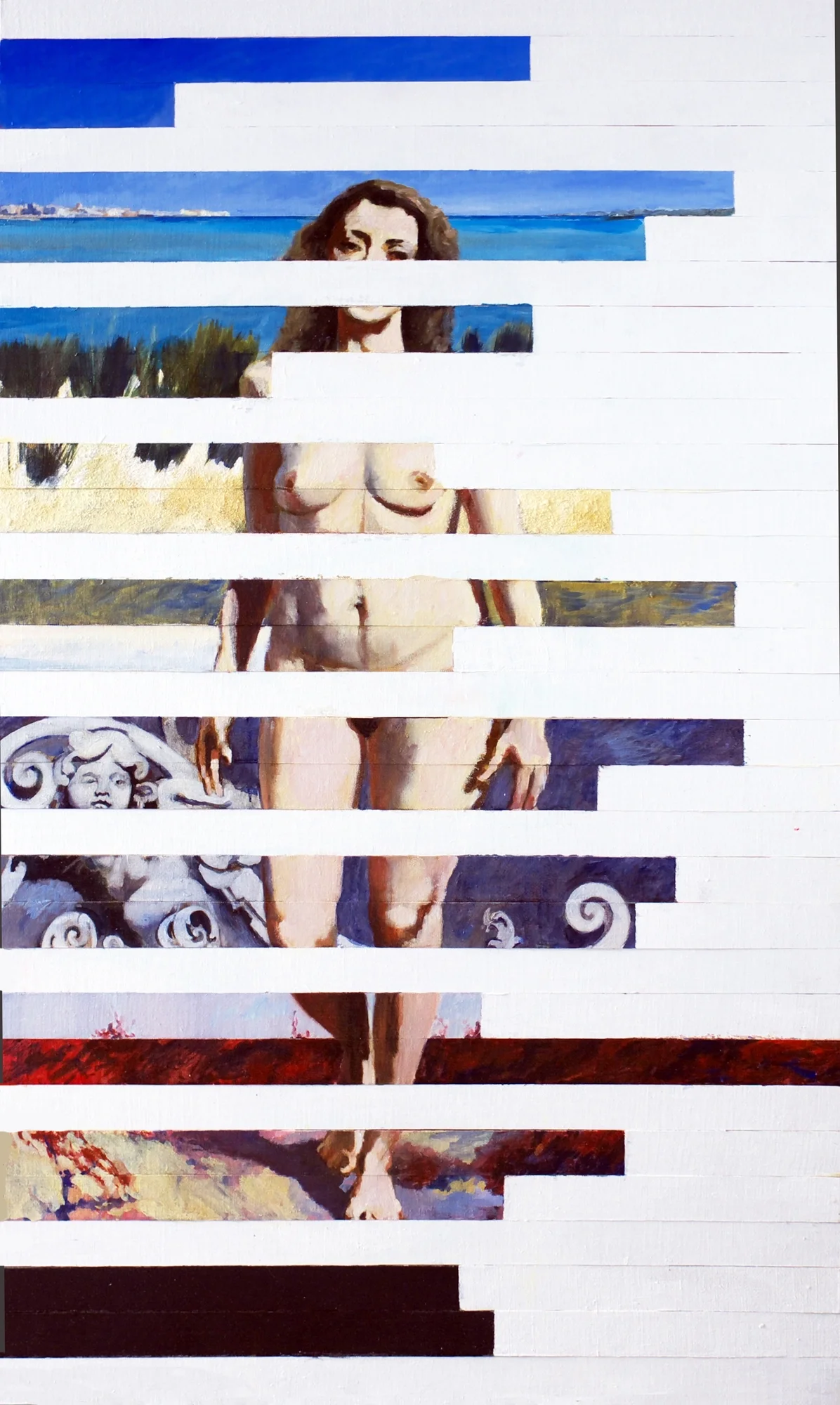 Female nude composition on fragmented wood inspired by Sylvia Plath and Sicilian architecture