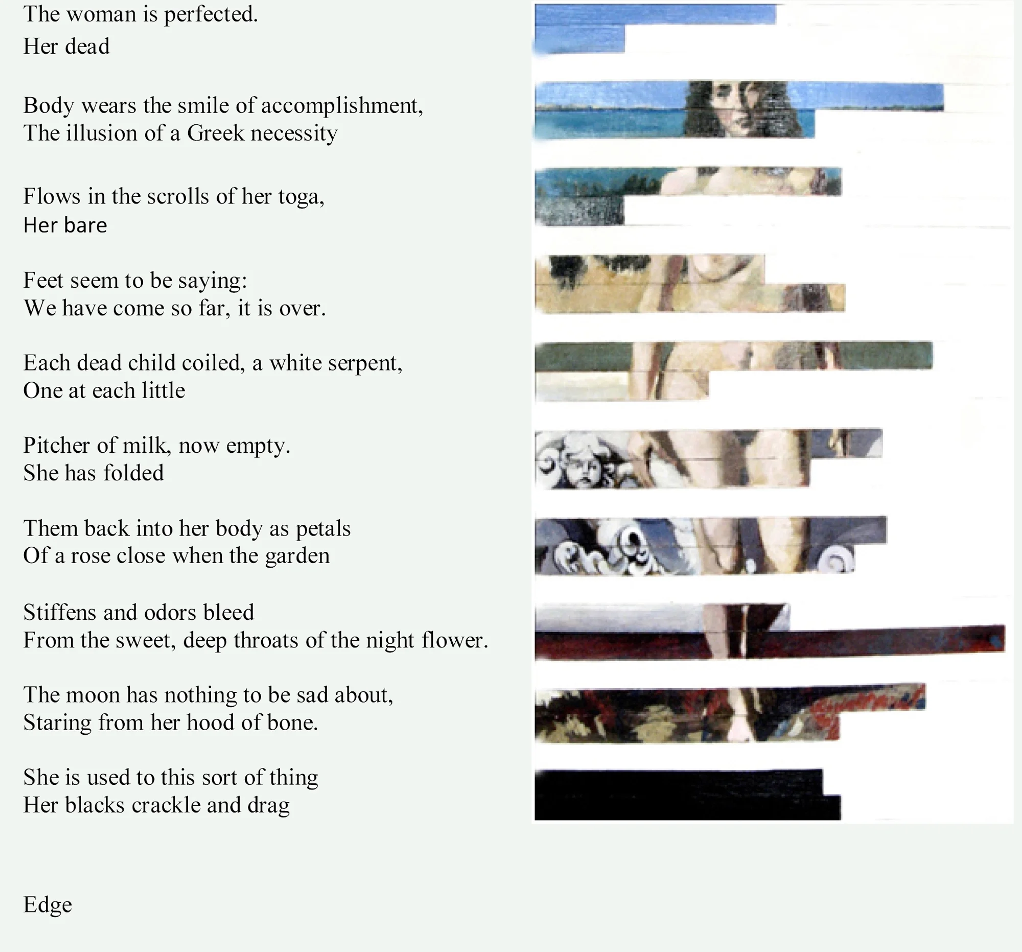 Fragmented wood painting inspired by Sylvia Plath with figures at the edge of a broken world