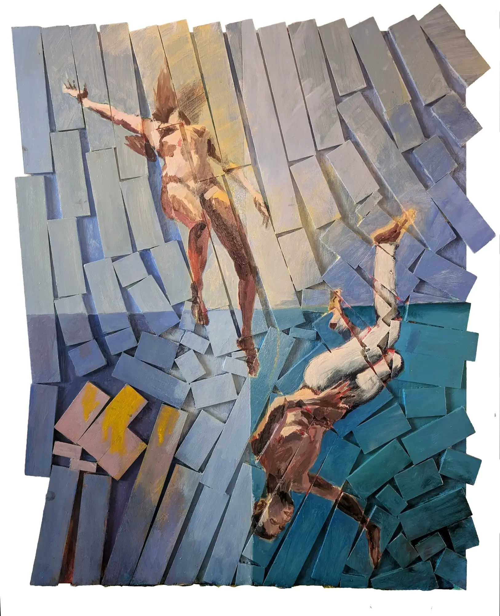 Male and female figures falling through broken wood strip composition