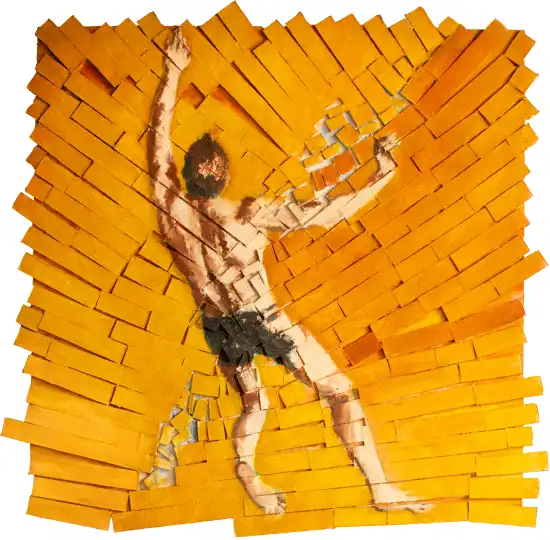 Male figure falling through red orange fragmented wood composition