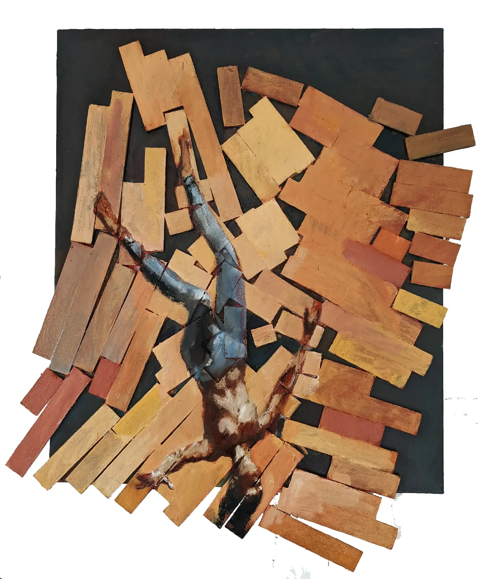 Woman falling through a fragmented geometric space painted on wood