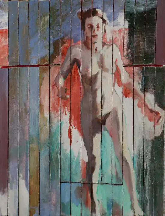 Jumping female figure escaping a colourful fragmented wood strip composition