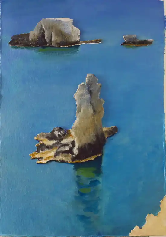 Painting of Siracusa sea stacks on cut balsa wood fragments