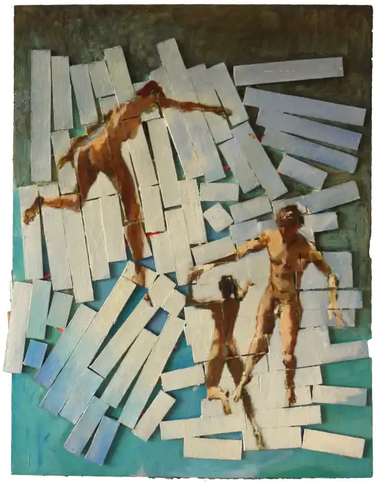 Three falling figures painted across broken wood strips and canvas