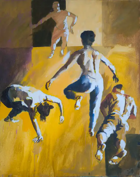 Improvised dance movement captured in two interacting figures