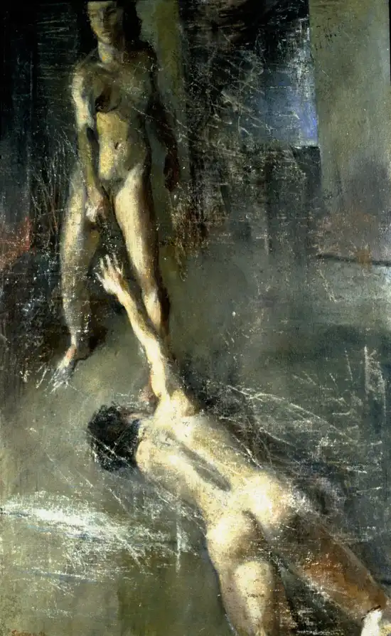 Two nude dancers mirrored in a vertical composition.