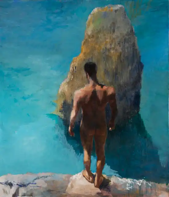 Male nude hesitating on a cliff above the sea near a seastack