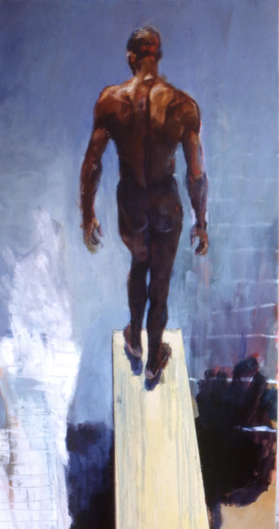 Tall vertical painting of a nude man standing on a diving board against open sky