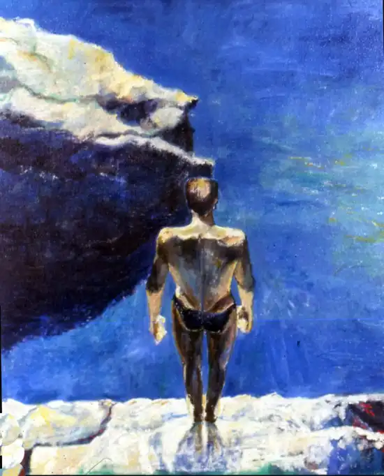 Expressionist diver standing on rocks above the sea in Nice