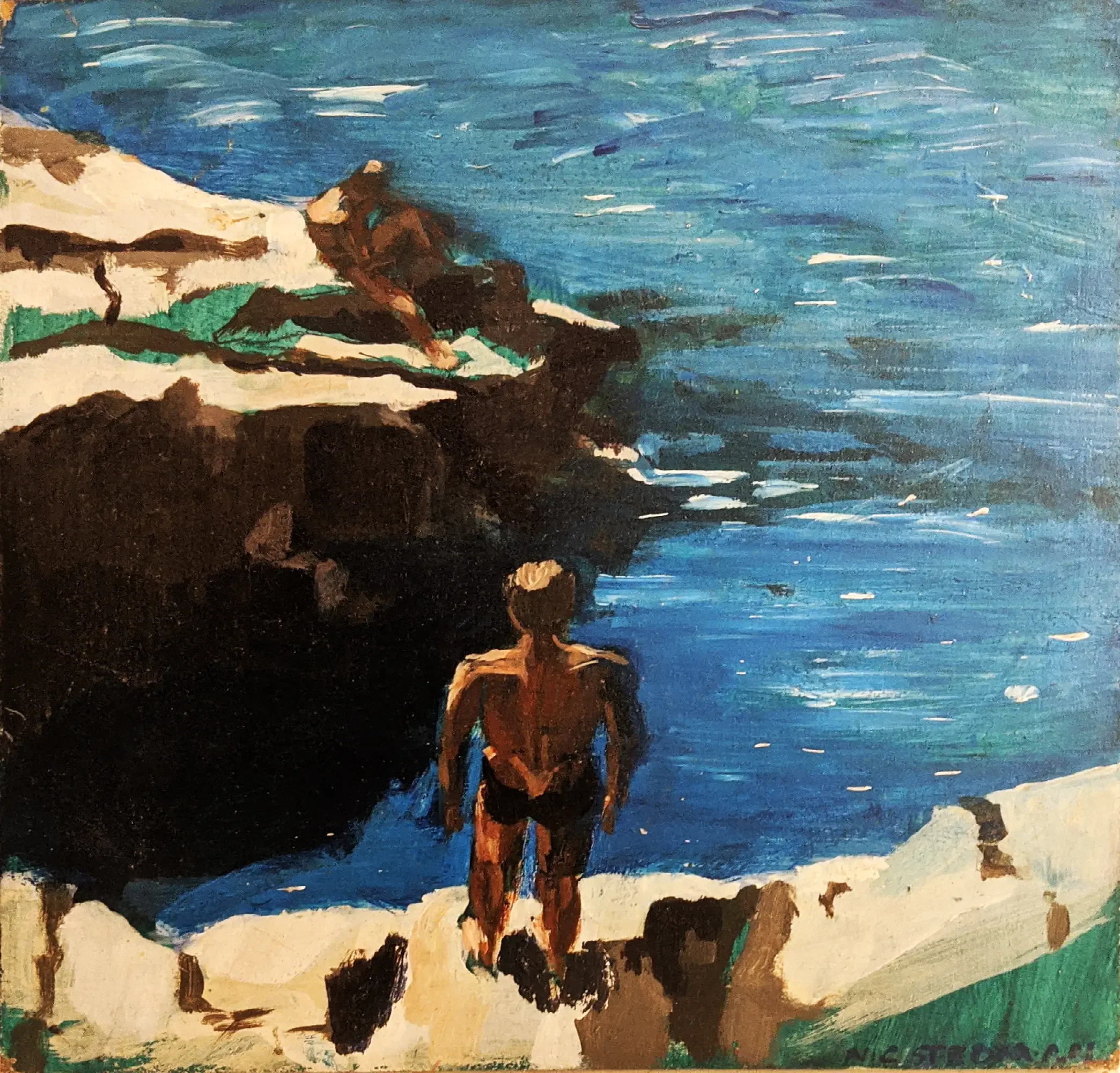 Early acrylic study of a diver near the rocks at Nice