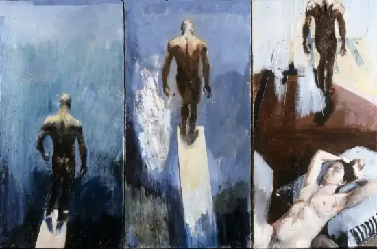 Reclining nude woman dreaming while a male figure waits on a diving board in a triptych composition