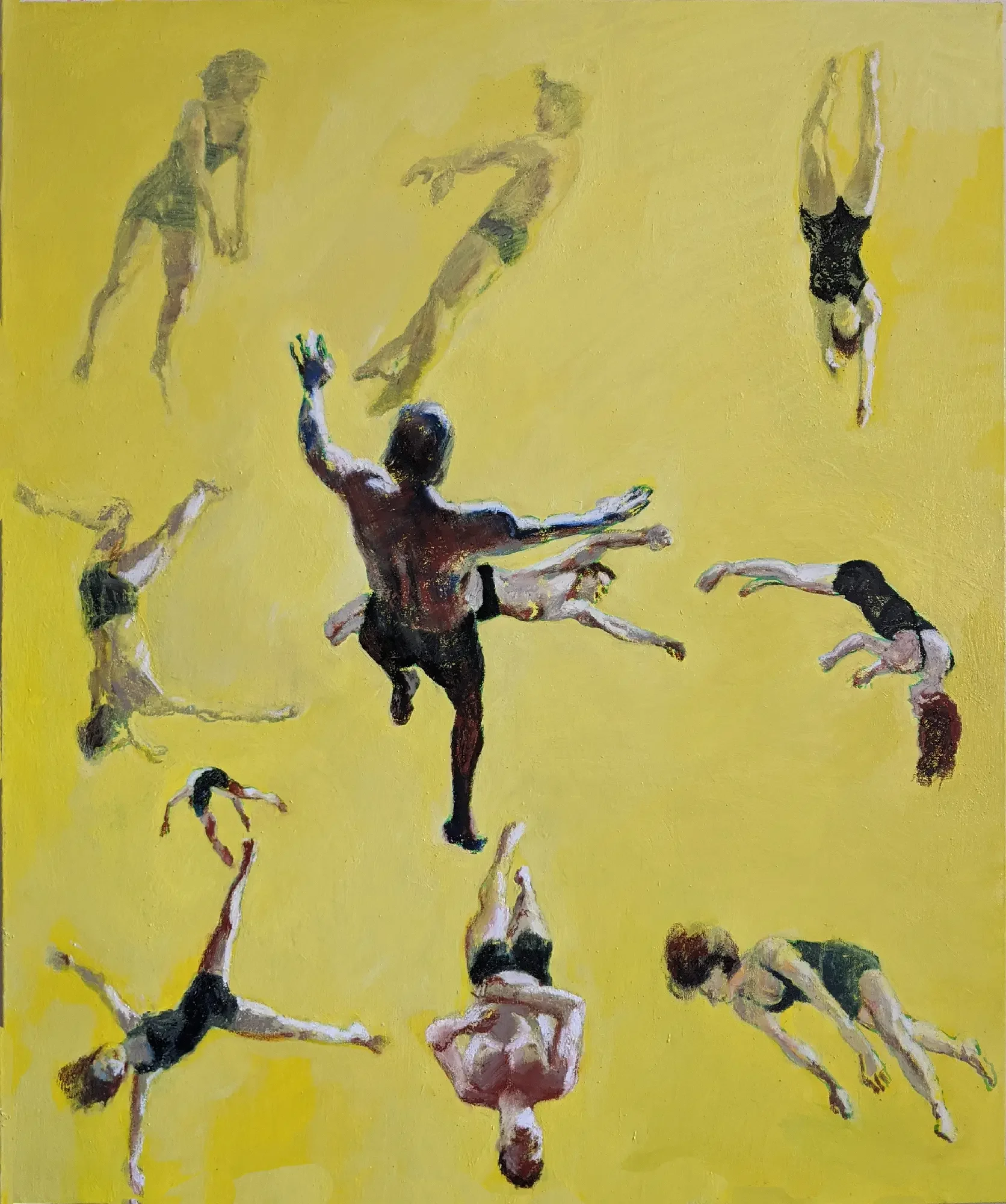 Choreographed acrobats moving across an intense yellow background