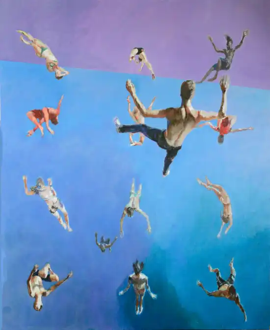 Male figure falling away from swirling acrobats in blue space