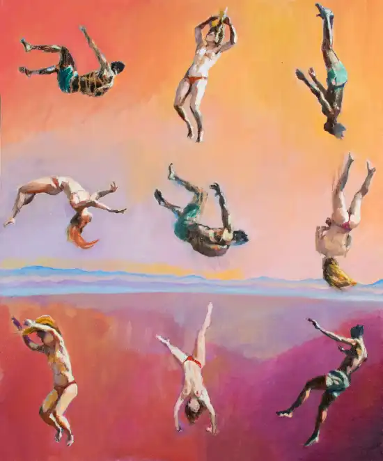 Tumbling figures suspended in a desert inspired space