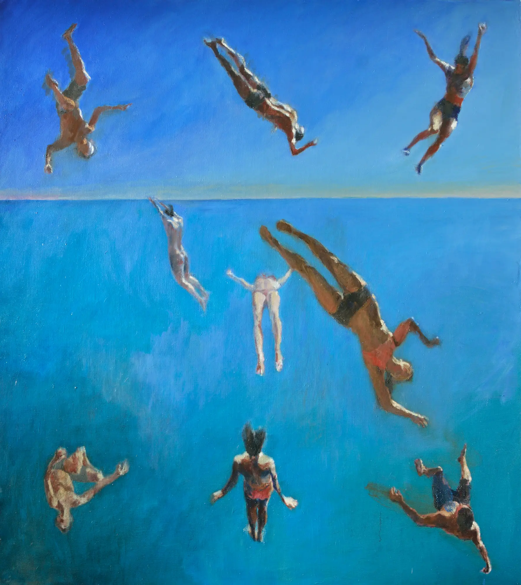Falling Together - Circus Series | Nicholas Stedman - circus artists painting, falling figures, Nicholas Stedman, oil on canvas, spinning bodies