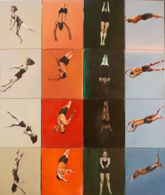 Four spinning circus figures in orbital movement