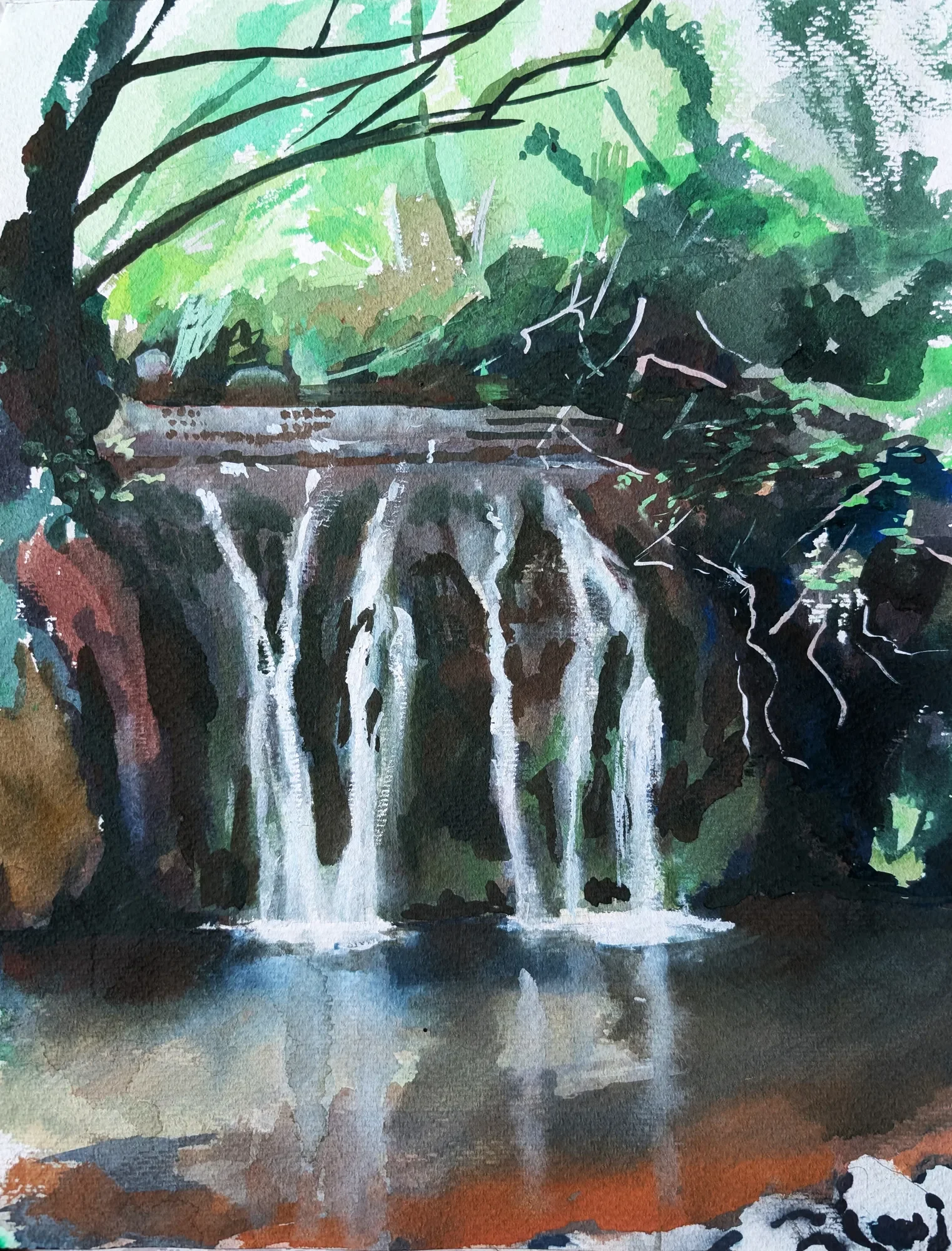 Gouache painting of the Naca Nica waterfall near Pioppo