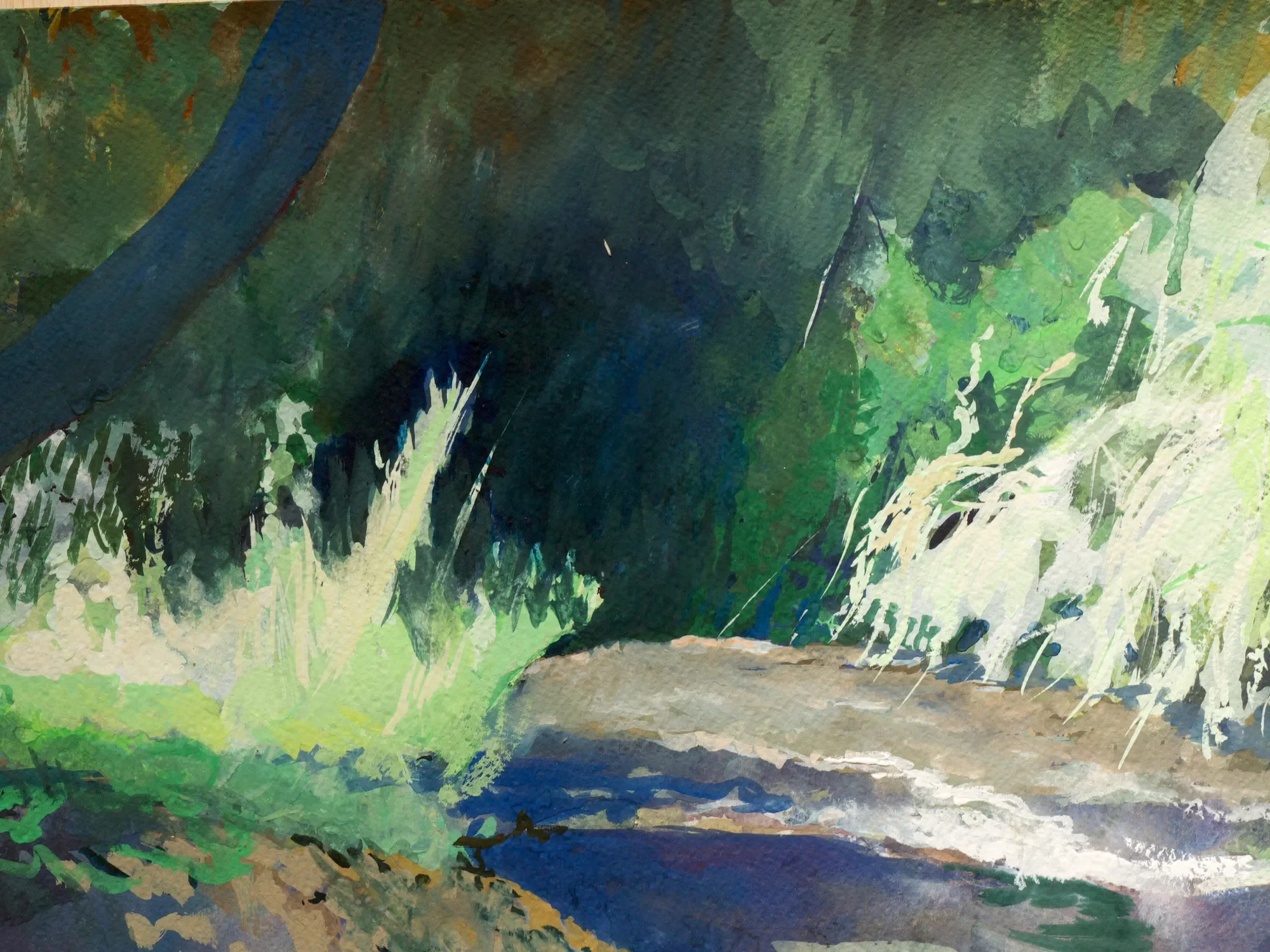 Gouache river scene disappearing into darkness