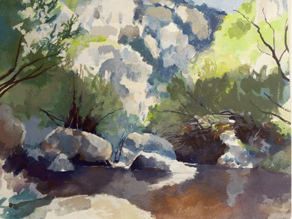 Gouache painting of the Anapo gorge rocks and necropolis at Pantalica