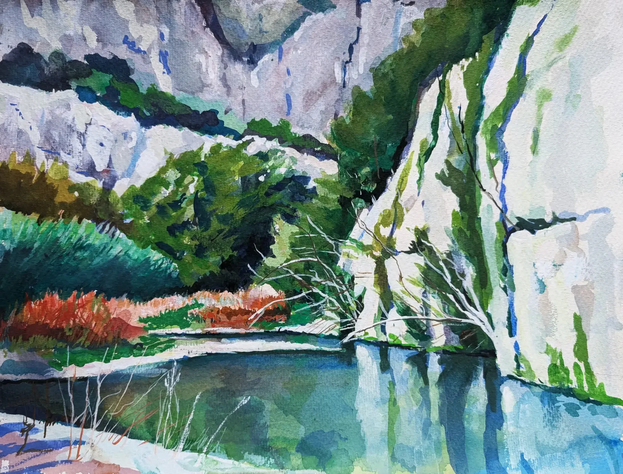 Gouache painting of the Anapo River in Pantalica, Sicily