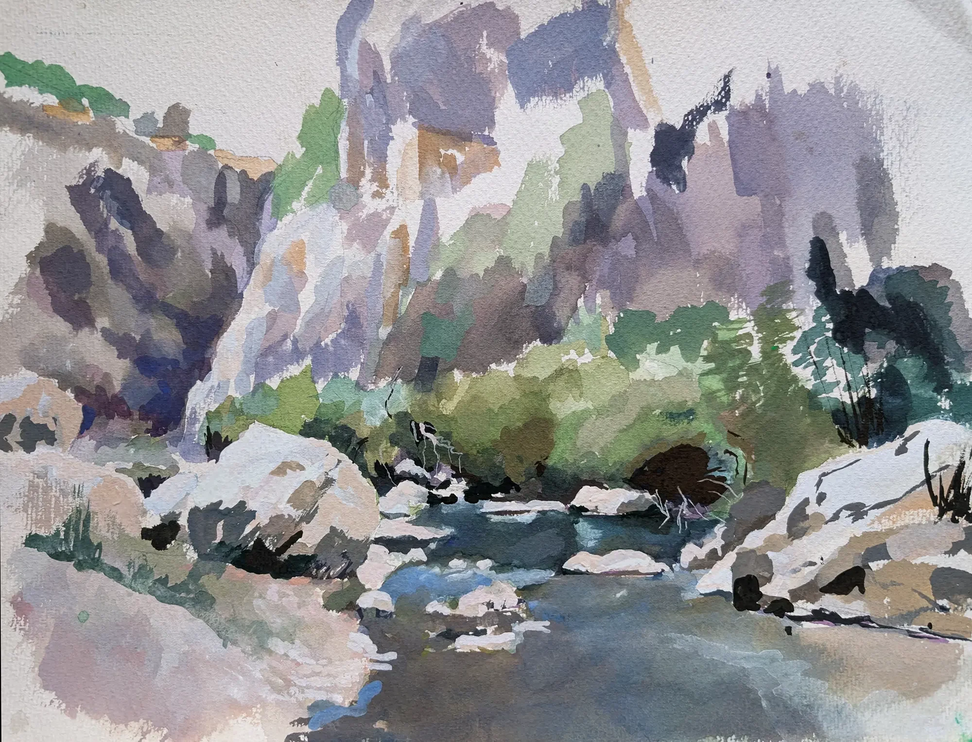 Gouache painting of sacred rocks on the Anapo River