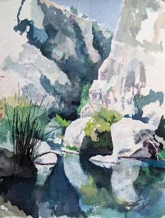 Gouache painting of canyon rocks and reflections in Pantalica