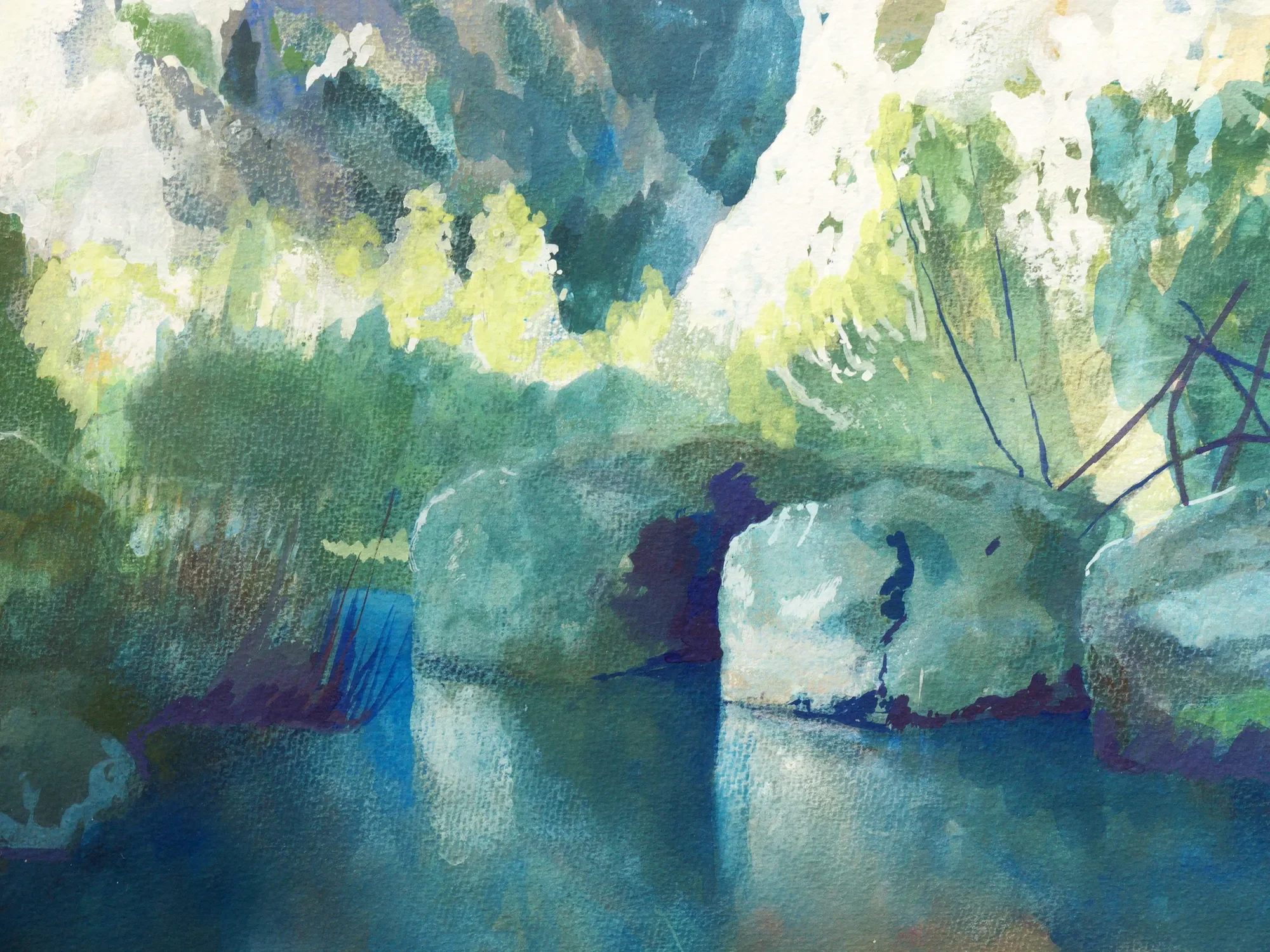 Gouache painting of foreboding rocks on the Anapo River