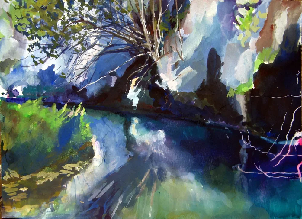 Gouache painting of iridescent colours in the Pantalica river