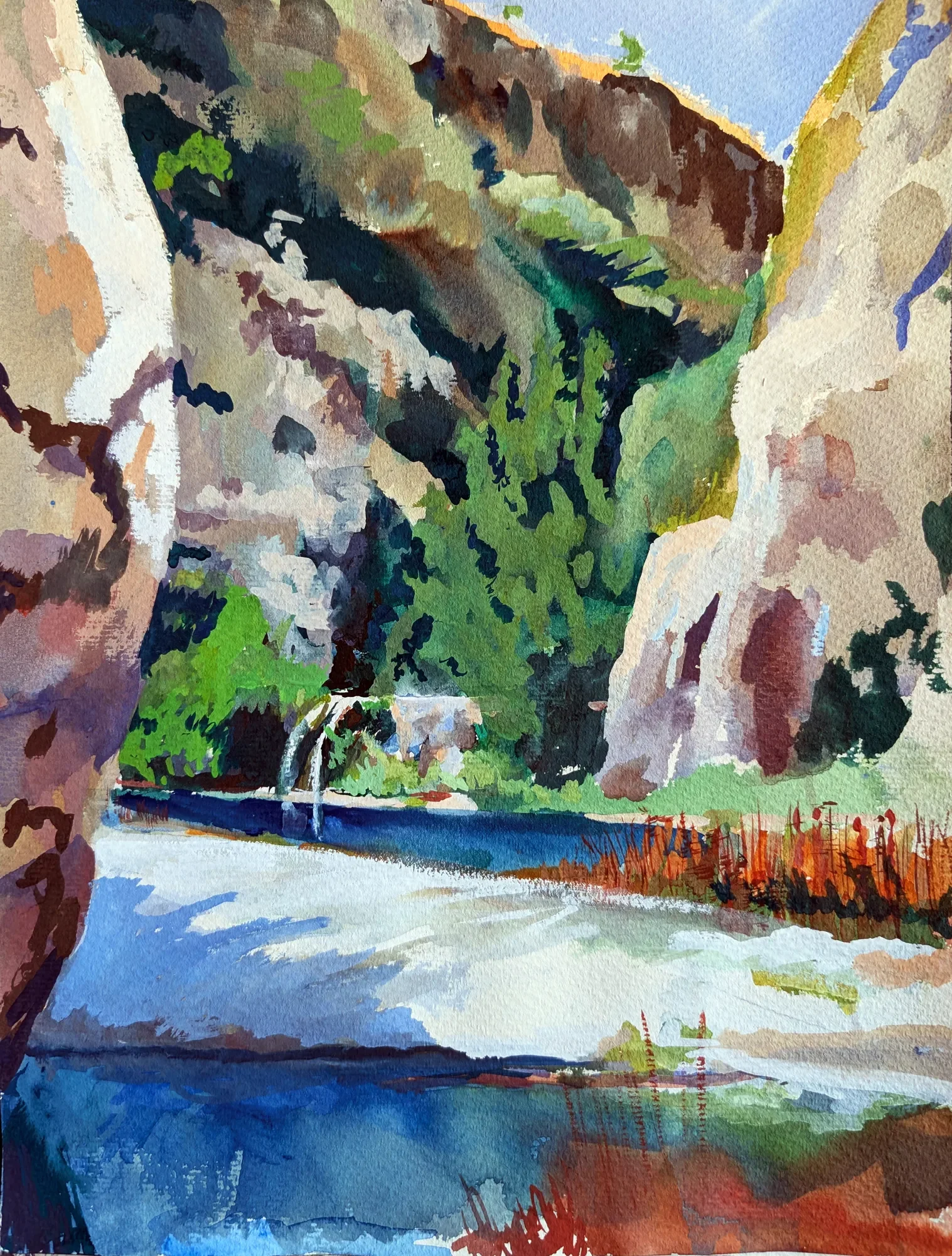 Gouache painting of waterfall in Pantalica inspired by Kubla Khan