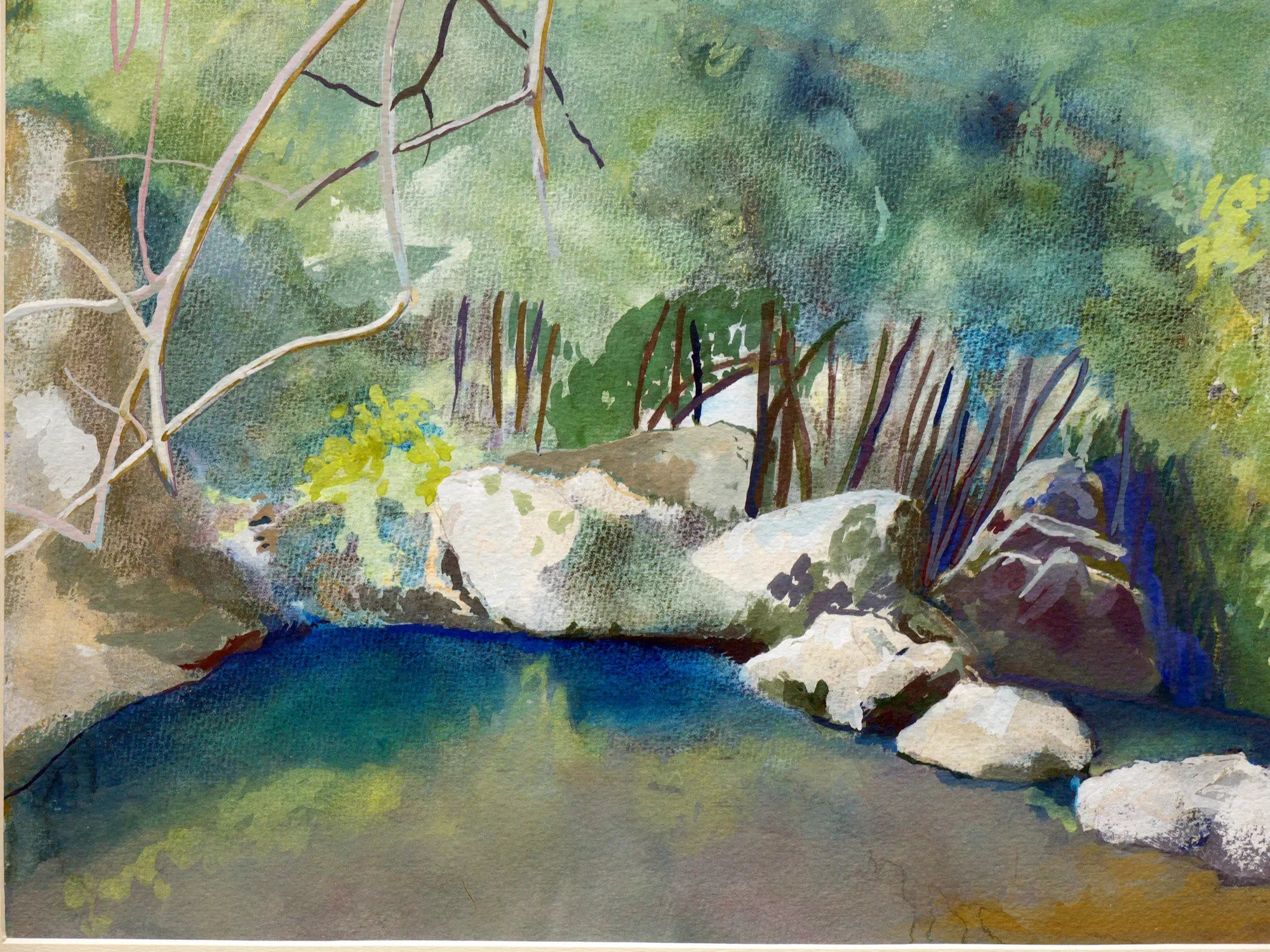 Gouache painting of rocks beside the Calcinara stream in Pantalica