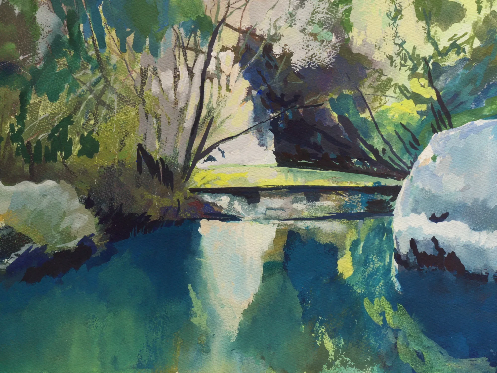 Gouache painting of a silent river in Pantalica, Sicily