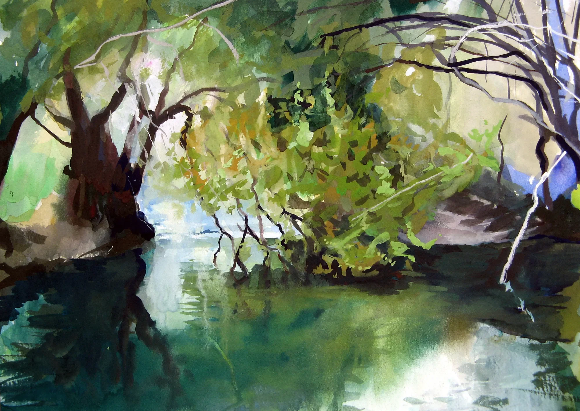 Gouache painting of trees and a rock pool in Pantalica