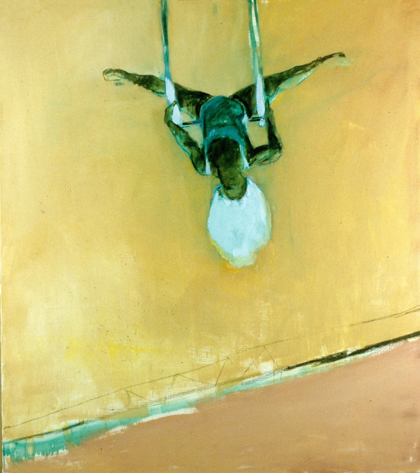 Circus trapeze artist crossing a yellow ochre void